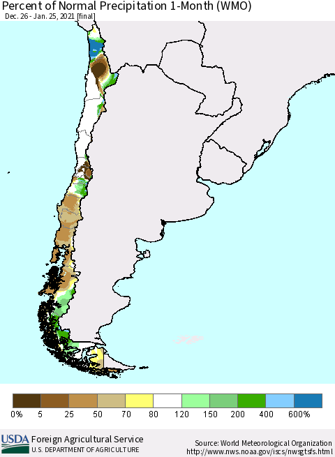 Chile Percent of Normal Precipitation 1-Month (WMO) Thematic Map For 12/26/2020 - 1/25/2021