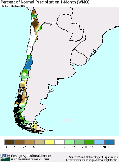 Chile Percent of Normal Precipitation 1-Month (WMO) Thematic Map For 1/1/2021 - 1/31/2021