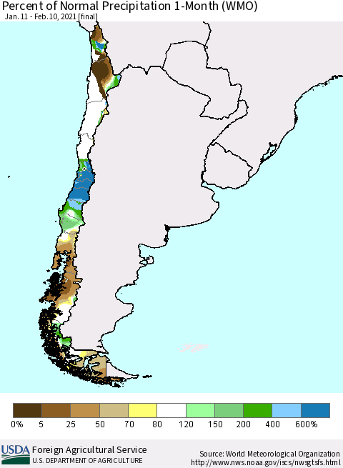 Chile Percent of Normal Precipitation 1-Month (WMO) Thematic Map For 1/11/2021 - 2/10/2021