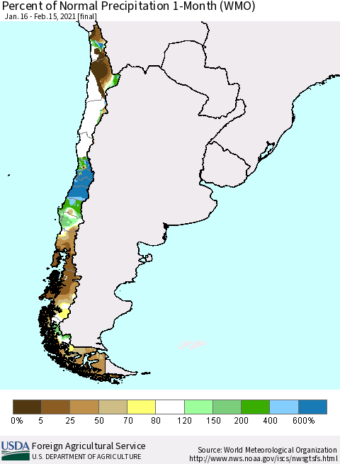 Chile Percent of Normal Precipitation 1-Month (WMO) Thematic Map For 1/16/2021 - 2/15/2021