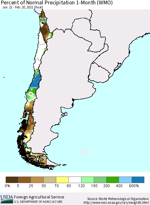 Chile Percent of Normal Precipitation 1-Month (WMO) Thematic Map For 1/21/2021 - 2/20/2021