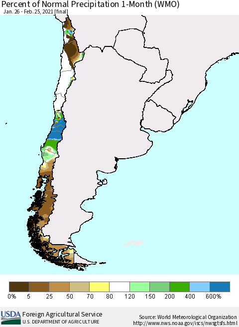 Chile Percent of Normal Precipitation 1-Month (WMO) Thematic Map For 1/26/2021 - 2/25/2021