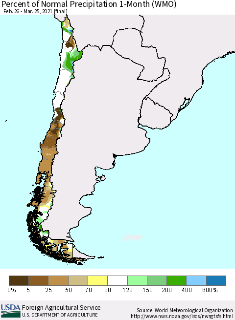 Chile Percent of Normal Precipitation 1-Month (WMO) Thematic Map For 2/26/2021 - 3/25/2021