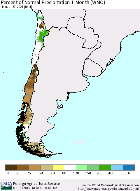 Chile Percent of Normal Precipitation 1-Month (WMO) Thematic Map For 3/1/2021 - 3/31/2021