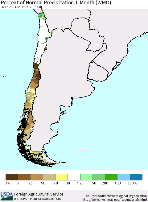 Chile Percent of Normal Precipitation 1-Month (WMO) Thematic Map For 3/26/2021 - 4/25/2021