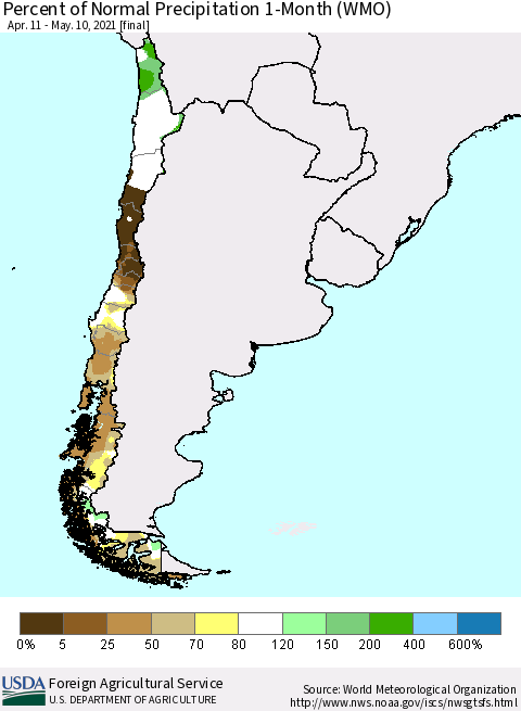 Chile Percent of Normal Precipitation 1-Month (WMO) Thematic Map For 4/11/2021 - 5/10/2021