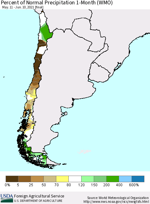 Chile Percent of Normal Precipitation 1-Month (WMO) Thematic Map For 5/11/2021 - 6/10/2021