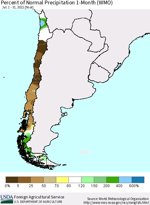 Chile Percent of Normal Precipitation 1-Month (WMO) Thematic Map For 7/1/2021 - 7/31/2021