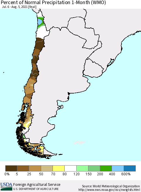 Chile Percent of Normal Precipitation 1-Month (WMO) Thematic Map For 7/6/2021 - 8/5/2021