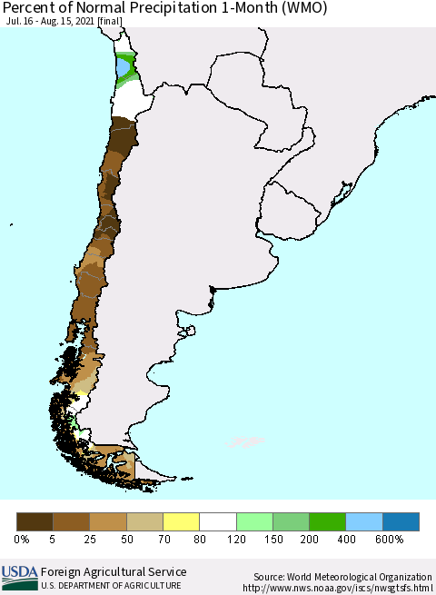Chile Percent of Normal Precipitation 1-Month (WMO) Thematic Map For 7/16/2021 - 8/15/2021