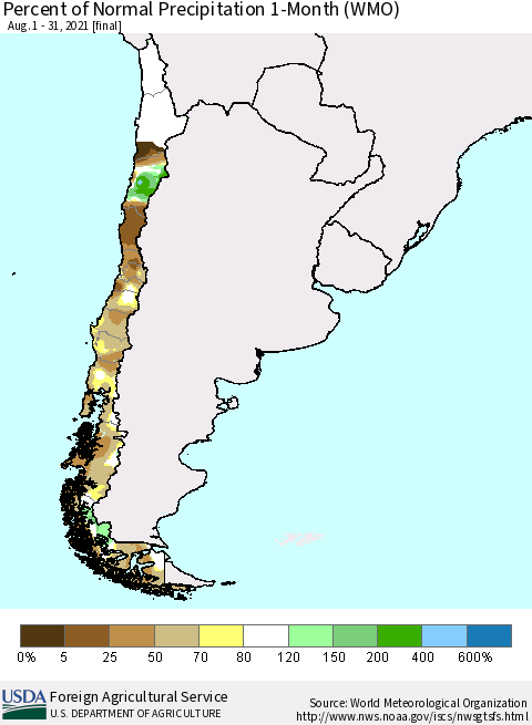 Chile Percent of Normal Precipitation 1-Month (WMO) Thematic Map For 8/1/2021 - 8/31/2021