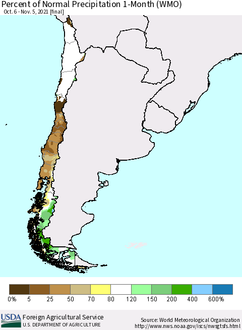 Chile Percent of Normal Precipitation 1-Month (WMO) Thematic Map For 10/6/2021 - 11/5/2021