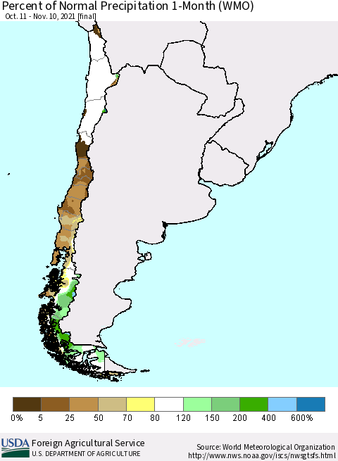 Chile Percent of Normal Precipitation 1-Month (WMO) Thematic Map For 10/11/2021 - 11/10/2021