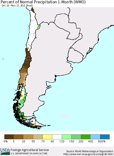 Chile Percent of Normal Precipitation 1-Month (WMO) Thematic Map For 10/16/2021 - 11/15/2021