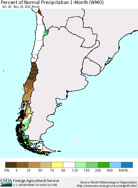 Chile Percent of Normal Precipitation 1-Month (WMO) Thematic Map For 10/26/2021 - 11/25/2021