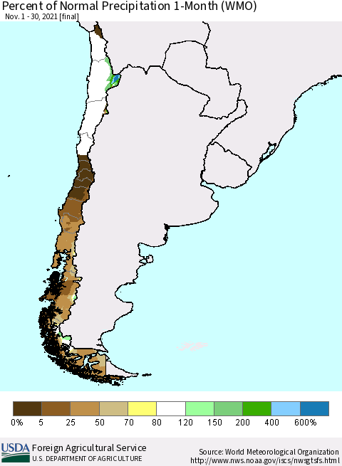 Chile Percent of Normal Precipitation 1-Month (WMO) Thematic Map For 11/1/2021 - 11/30/2021