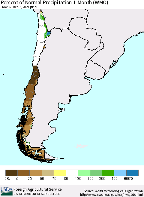 Chile Percent of Normal Precipitation 1-Month (WMO) Thematic Map For 11/6/2021 - 12/5/2021