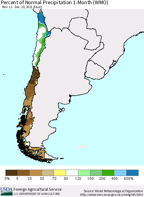 Chile Percent of Normal Precipitation 1-Month (WMO) Thematic Map For 11/11/2021 - 12/10/2021