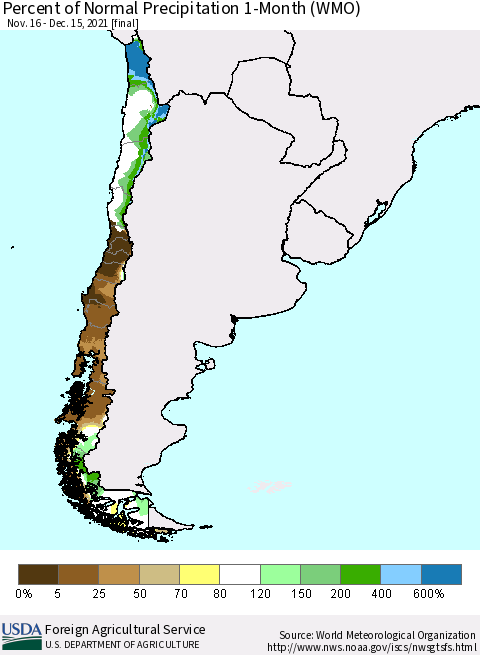 Chile Percent of Normal Precipitation 1-Month (WMO) Thematic Map For 11/16/2021 - 12/15/2021