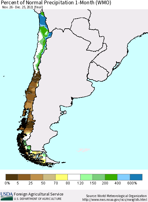 Chile Percent of Normal Precipitation 1-Month (WMO) Thematic Map For 11/26/2021 - 12/25/2021