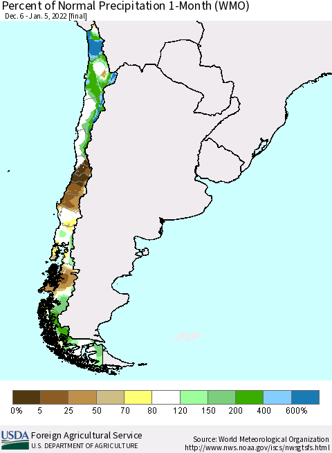 Chile Percent of Normal Precipitation 1-Month (WMO) Thematic Map For 12/6/2021 - 1/5/2022