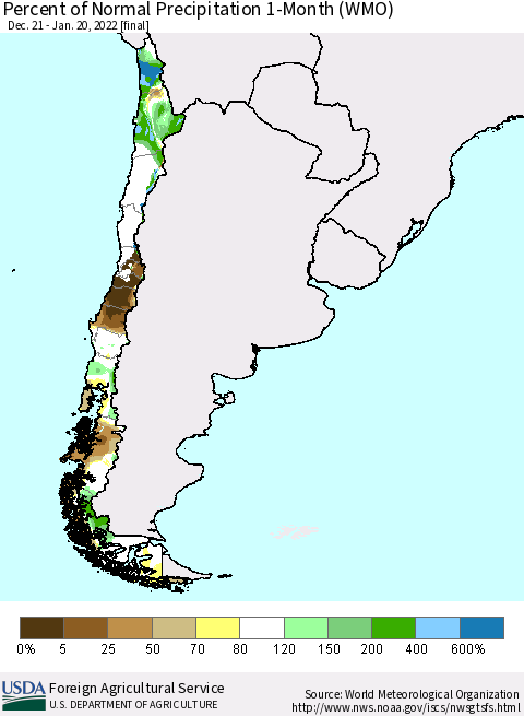 Chile Percent of Normal Precipitation 1-Month (WMO) Thematic Map For 12/21/2021 - 1/20/2022