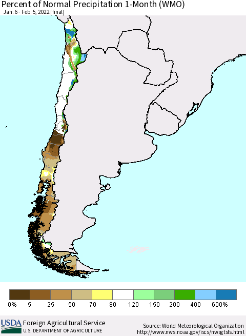 Chile Percent of Normal Precipitation 1-Month (WMO) Thematic Map For 1/6/2022 - 2/5/2022