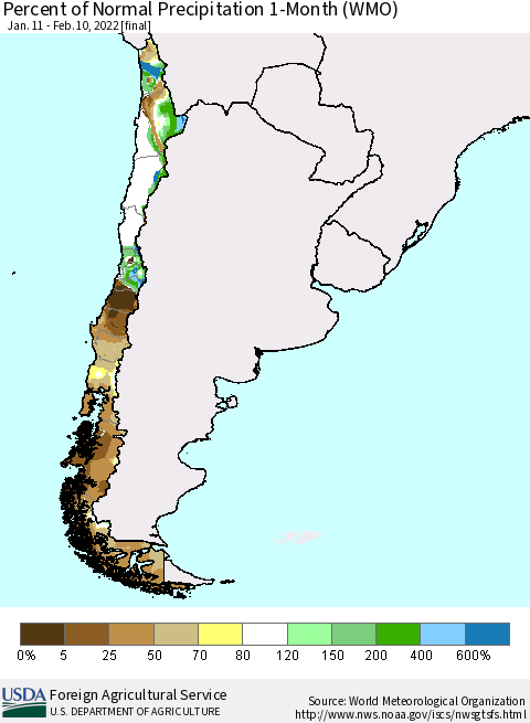 Chile Percent of Normal Precipitation 1-Month (WMO) Thematic Map For 1/11/2022 - 2/10/2022