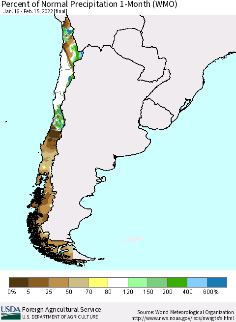 Chile Percent of Normal Precipitation 1-Month (WMO) Thematic Map For 1/16/2022 - 2/15/2022