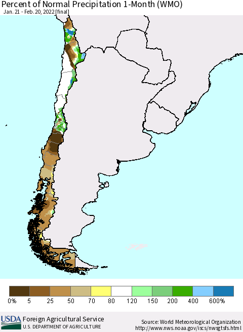 Chile Percent of Normal Precipitation 1-Month (WMO) Thematic Map For 1/21/2022 - 2/20/2022