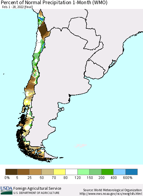 Chile Percent of Normal Precipitation 1-Month (WMO) Thematic Map For 2/1/2022 - 2/28/2022