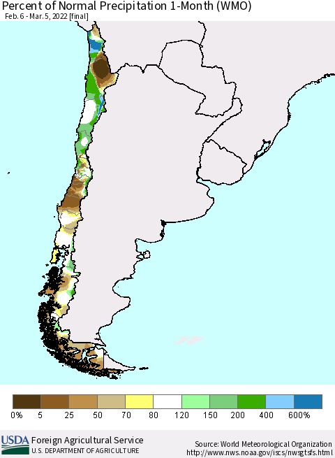 Chile Percent of Normal Precipitation 1-Month (WMO) Thematic Map For 2/6/2022 - 3/5/2022