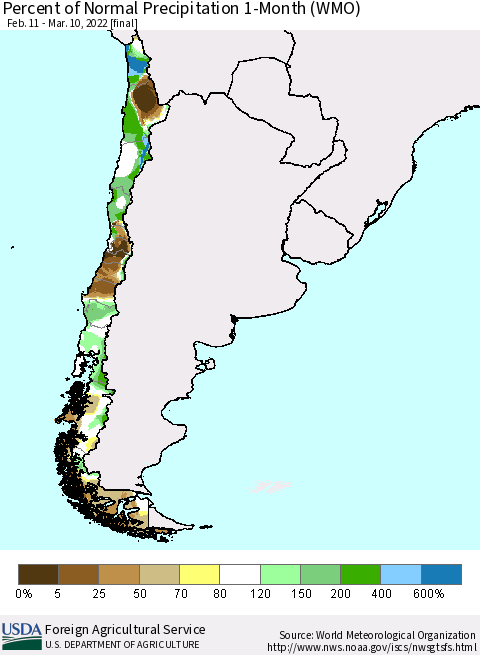Chile Percent of Normal Precipitation 1-Month (WMO) Thematic Map For 2/11/2022 - 3/10/2022
