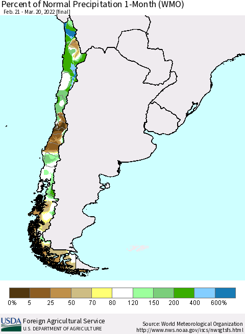 Chile Percent of Normal Precipitation 1-Month (WMO) Thematic Map For 2/21/2022 - 3/20/2022