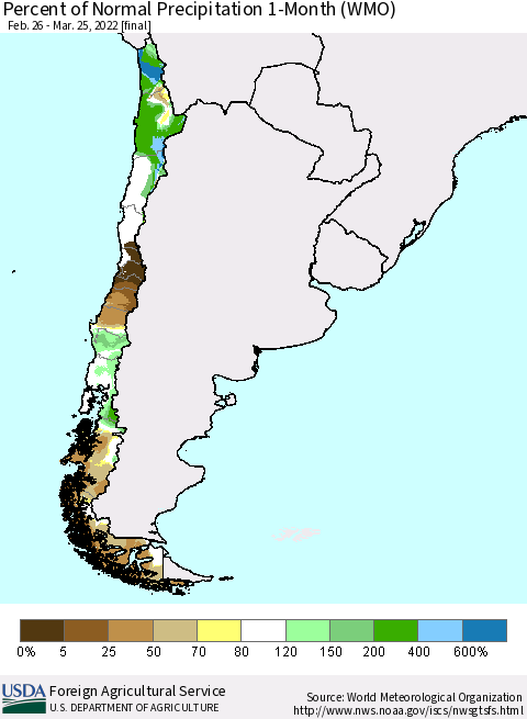 Chile Percent of Normal Precipitation 1-Month (WMO) Thematic Map For 2/26/2022 - 3/25/2022