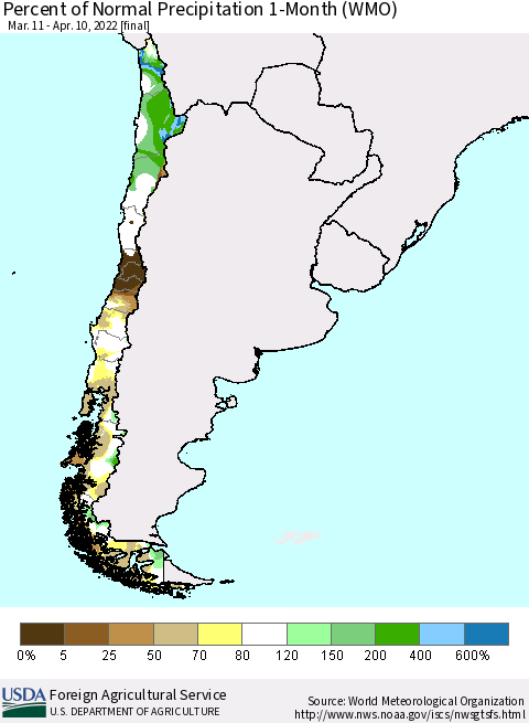 Chile Percent of Normal Precipitation 1-Month (WMO) Thematic Map For 3/11/2022 - 4/10/2022