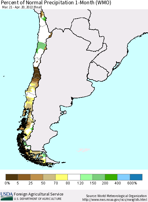 Chile Percent of Normal Precipitation 1-Month (WMO) Thematic Map For 3/21/2022 - 4/20/2022