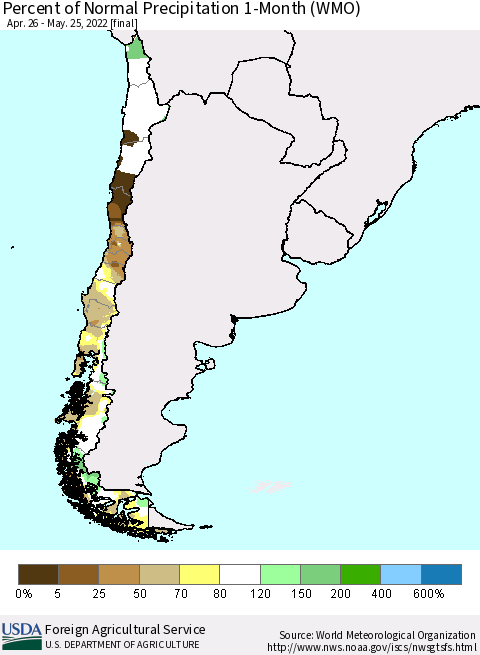 Chile Percent of Normal Precipitation 1-Month (WMO) Thematic Map For 4/26/2022 - 5/25/2022