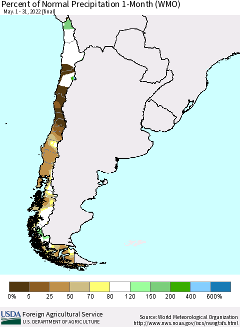 Chile Percent of Normal Precipitation 1-Month (WMO) Thematic Map For 5/1/2022 - 5/31/2022