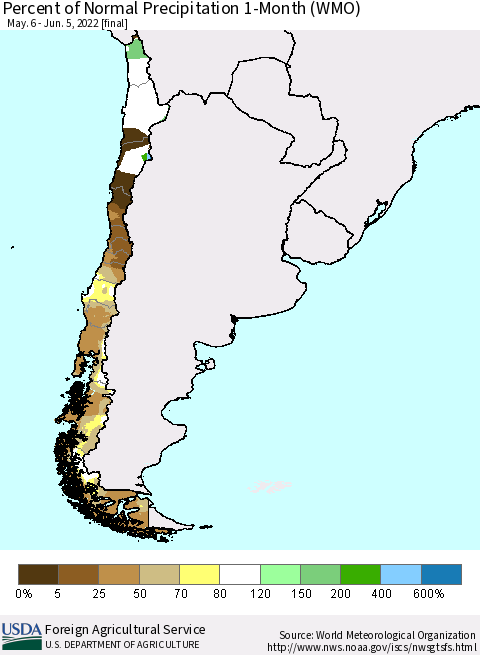Chile Percent of Normal Precipitation 1-Month (WMO) Thematic Map For 5/6/2022 - 6/5/2022