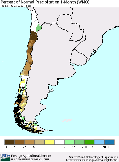 Chile Percent of Normal Precipitation 1-Month (WMO) Thematic Map For 6/6/2022 - 7/5/2022