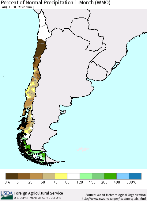 Chile Percent of Normal Precipitation 1-Month (WMO) Thematic Map For 8/1/2022 - 8/31/2022