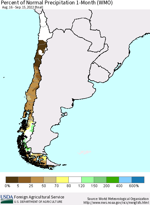 Chile Percent of Normal Precipitation 1-Month (WMO) Thematic Map For 8/16/2022 - 9/15/2022