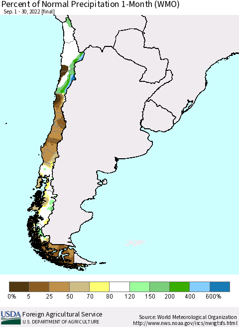 Chile Percent of Normal Precipitation 1-Month (WMO) Thematic Map For 9/1/2022 - 9/30/2022