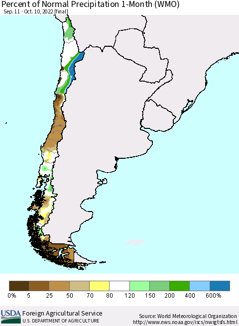 Chile Percent of Normal Precipitation 1-Month (WMO) Thematic Map For 9/11/2022 - 10/10/2022