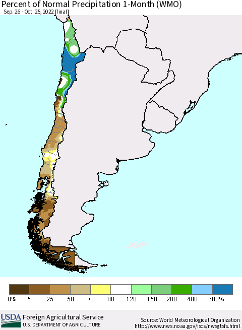 Chile Percent of Normal Precipitation 1-Month (WMO) Thematic Map For 9/26/2022 - 10/25/2022