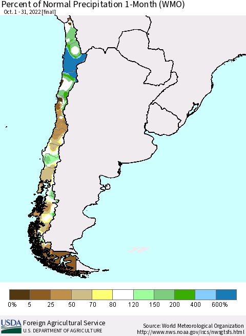 Chile Percent of Normal Precipitation 1-Month (WMO) Thematic Map For 10/1/2022 - 10/31/2022