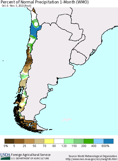 Chile Percent of Normal Precipitation 1-Month (WMO) Thematic Map For 10/6/2022 - 11/5/2022