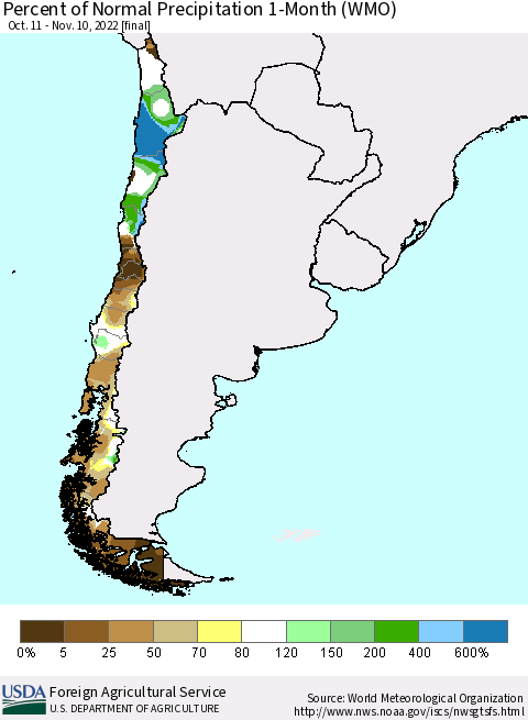 Chile Percent of Normal Precipitation 1-Month (WMO) Thematic Map For 10/11/2022 - 11/10/2022