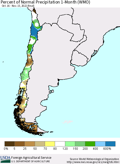Chile Percent of Normal Precipitation 1-Month (WMO) Thematic Map For 10/16/2022 - 11/15/2022